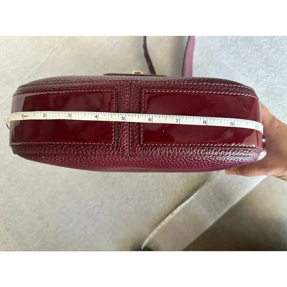 Michael Kors Lila Large Shoulder Flap Bag Burgundy Pebbled Leather Patent Stripe